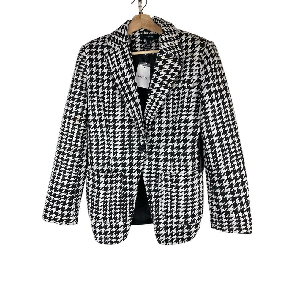 NWT Forever 21 Women's M Cream Black Houndstooth Blazer $44.99‎ *